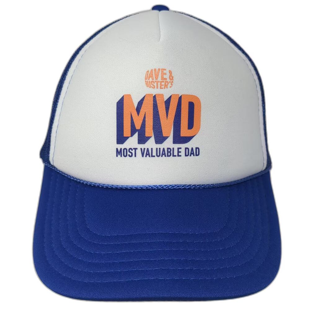 Dave & Buster's Trucker Hat Blue White OS MVD Most Valuable Dad Foam Front Rope